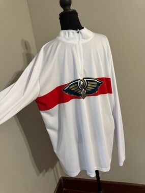 White Long Sleeve Pullover with Red Stripe and Pelican Logo